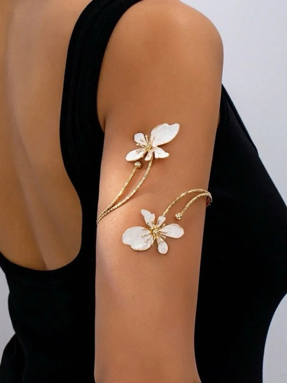 Gold Floral Arm Cuff Bracelet with White Petal Accents